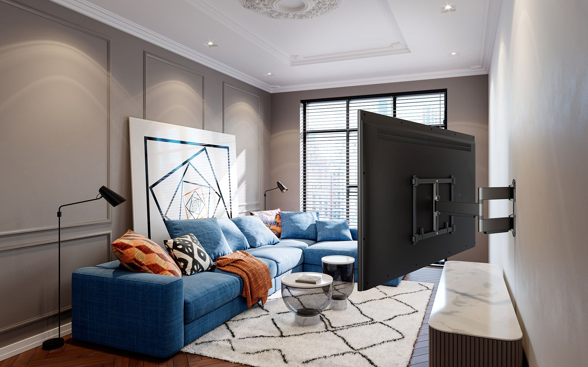 Full-motion TV mount from the ELITE series in the living room | Vogel's