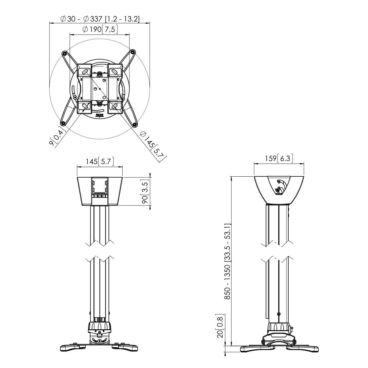 Vogel's PPC 1585 Projektor-Deckenhalter höhenverstellbar - Dimensions