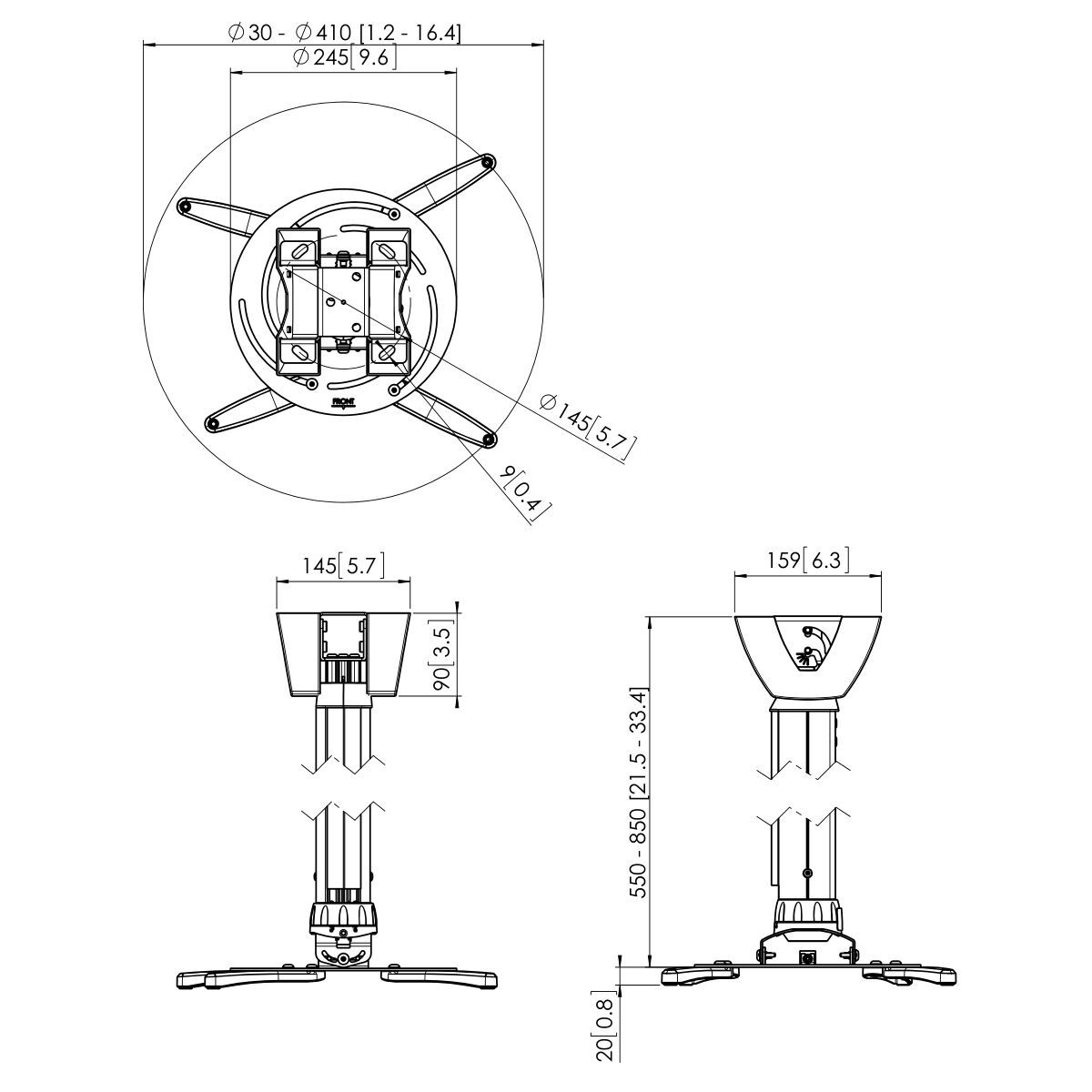 Vogel's PPC 2555 Projektor-Deckenhalter höhenverstellbar - Dimensions