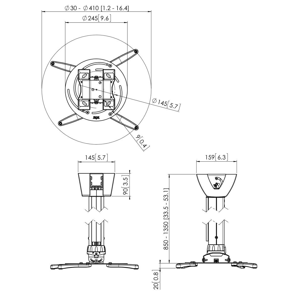 Vogel's PPC 2585 Projektor-Deckenhalter höhenverstellbar - Dimensions