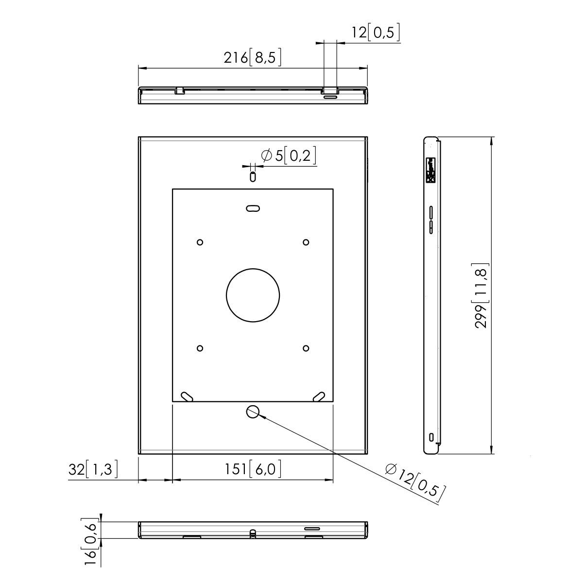 Vogel's PTS 1205 TabLock dla iPada 2/3/4; z dostępem do przycisku „Home” - Dimensions