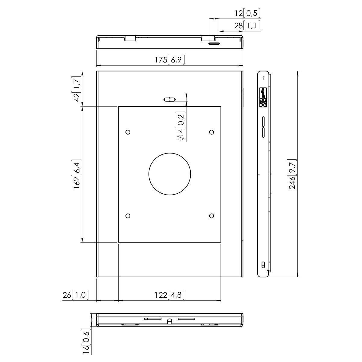 Vogel's PTS 1216 TabLock dla iPad mini 1 / 2 / 3; bez dostępu do przycisku „Home” - Dimensions