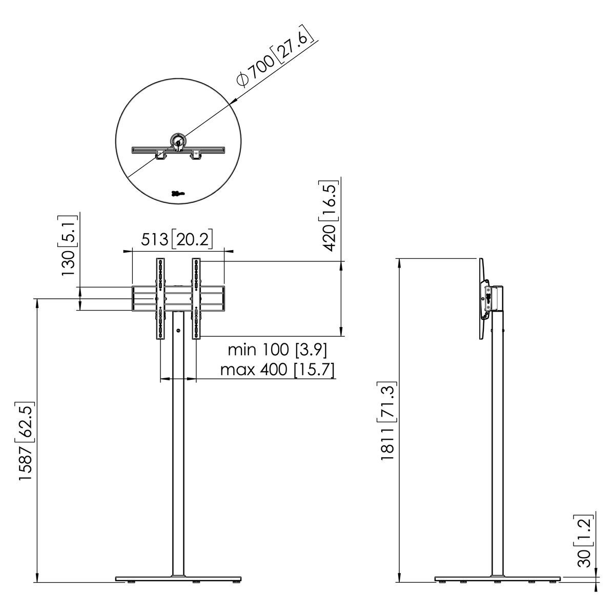 Vogel's F1644RVS Display Floor Stand - Dimensions