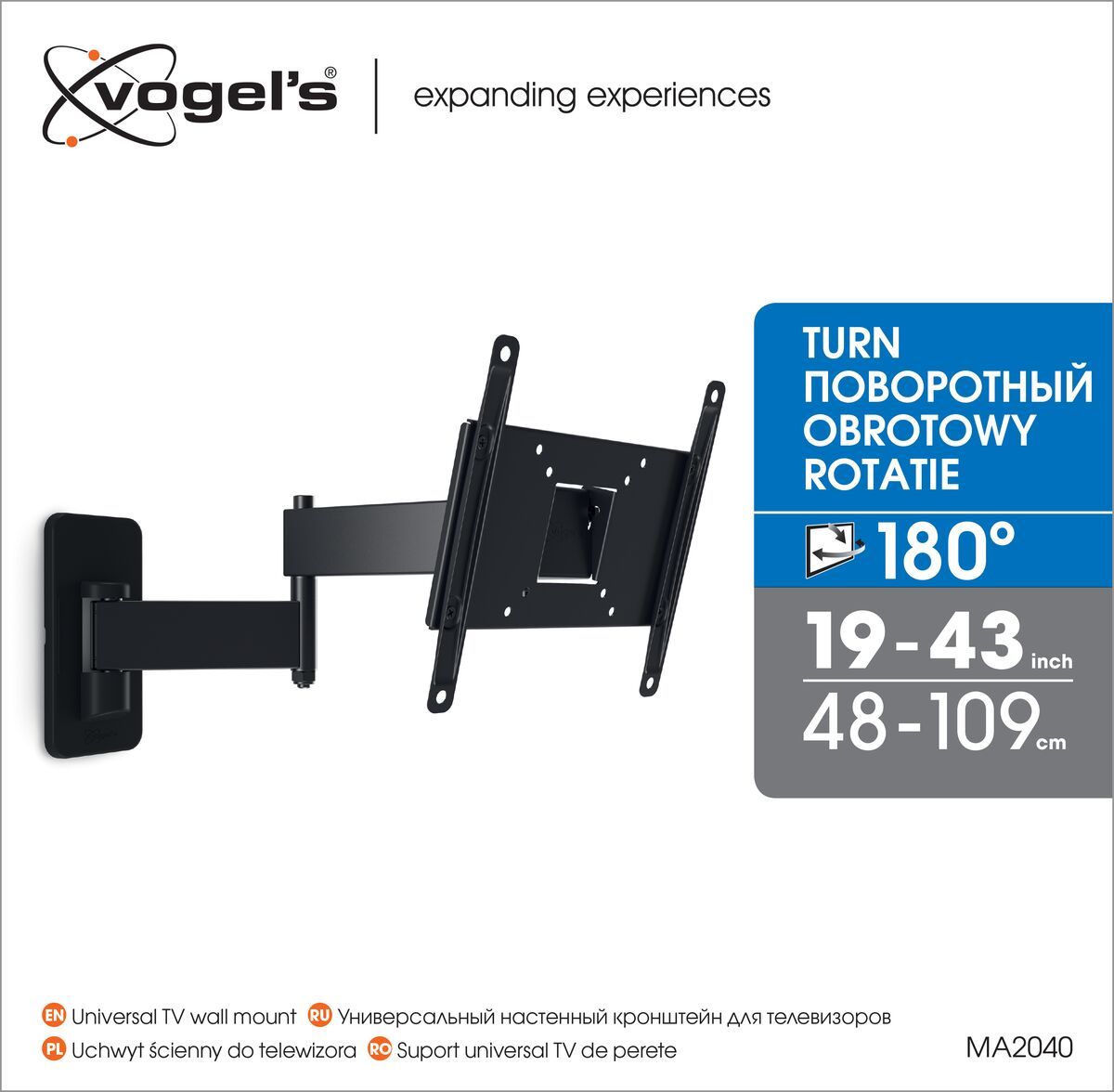 Vogel's MA 2040 - поворотный кронштейн для телевизора - Подходит для телевизоров от 19 до 43 дюймов - Full motion (полная подвижность, до 180°) - Наклон на угол до 10° - Packaging front