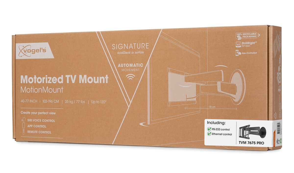 Vogel's Soporte de pared eléctrico para TV TVM 7675 PRO (negro) - Adecuado para televisores de 40 a 77 pulgadas hasta Movimiento hacia delante y de giro (hasta 120°) - Pack shot 3D
