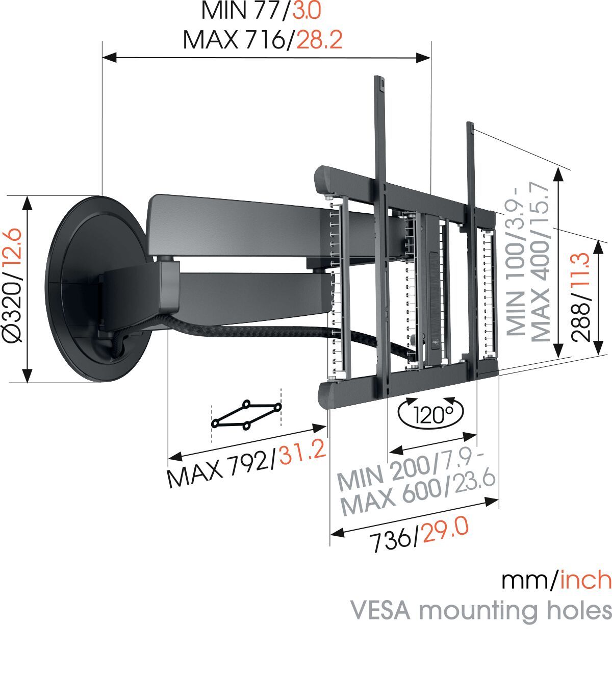 Vogel's TVM 7675 Uchwyt ścienny do telewizora z funkcją automatycznego obrotu - Nadaje się do telewizorów od 40 do 77 cali do 35 kg - Wysuwany i obrotowy (do 120°) - Dimensions