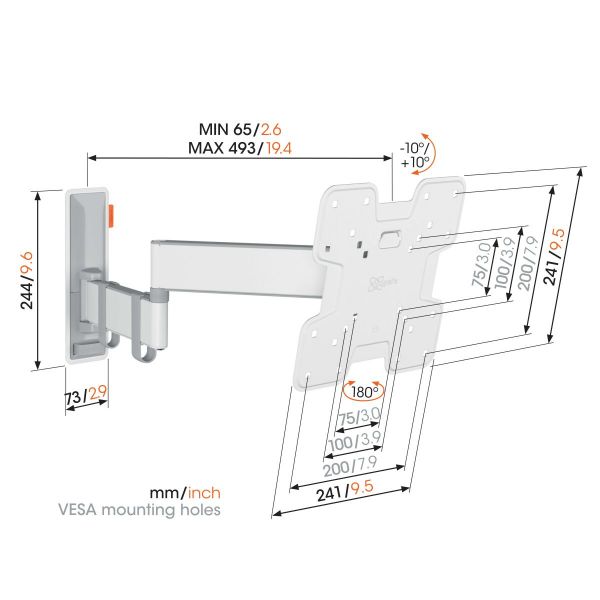 Vogel's TVM 3245 Draaibare tv-beugel (wit) - Geschikt voor 19 tot 43 inch tv's - Volledig draaibaar (tot 180°) draaibaar - Kantelsysteem tot 20° - Dimensions