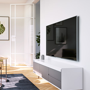 Platte tv beugel van het merk Vogel’s aan de muur in de woonkamer.